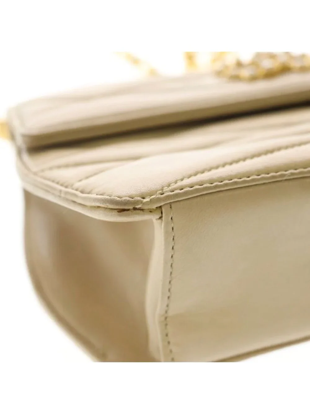 Chanel CC Logo Pearl Vintage Chain Shoulder Bag Beige Leather Gold